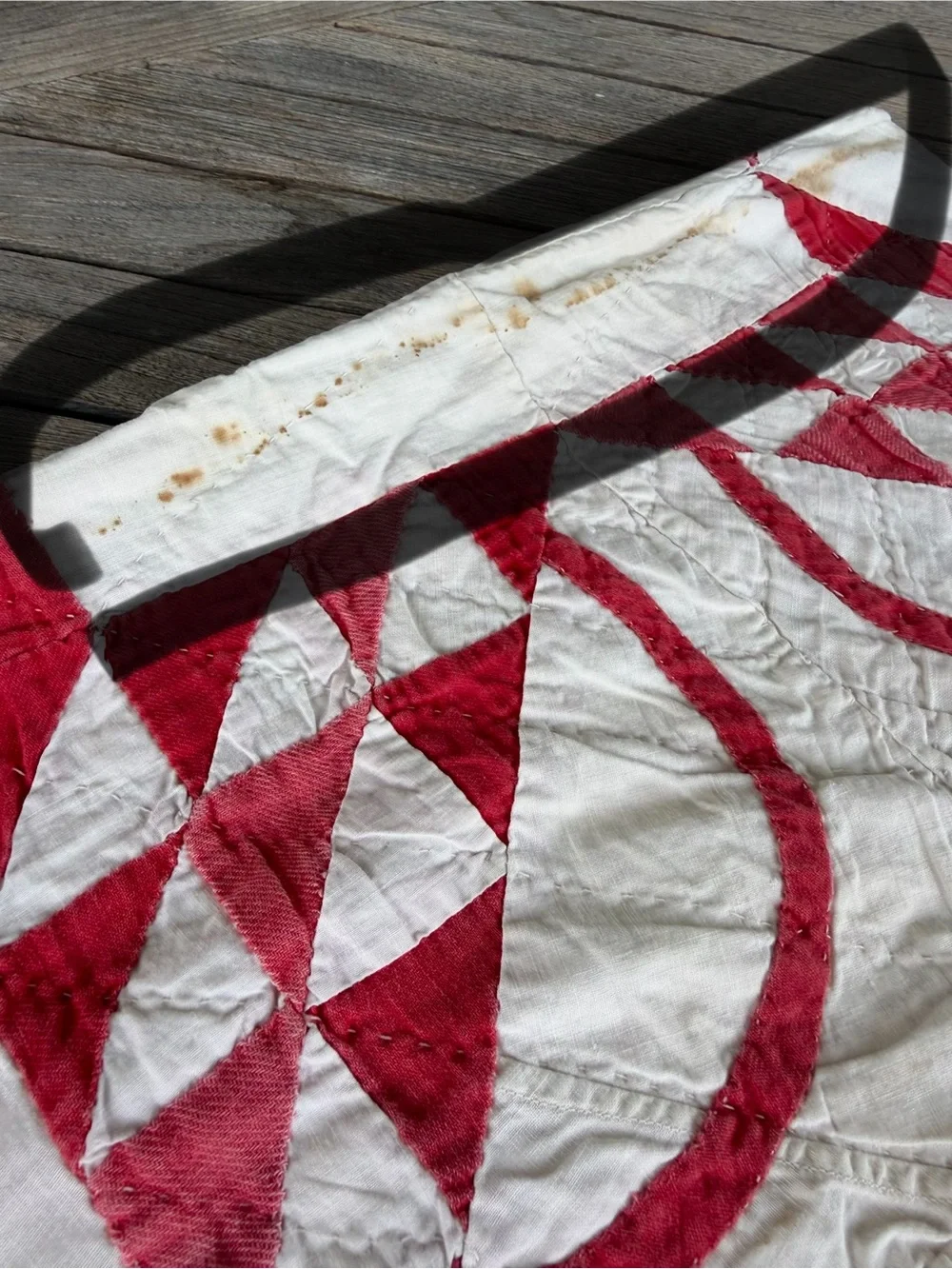 Vintage Pickle Dish Quilt Hand Stitched Red White Gauzy Cotton Thin 57x89 READ